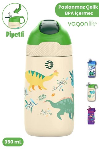 Vagonlife Çocuk 350 ML Pipetli Çelik Matara Paslanmaz Çelik Termos 5 Farklı Renk 2055-350ML