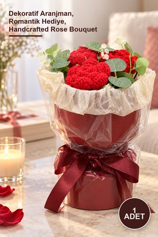 Yenilig 1 Adet El Örgüsü Romantik Gül Buketi – Dekoratif Aranjman, Romantik Hediye, Handcrafted Rose Bouquet