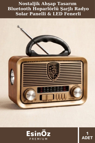 EsinÖz #Hopörler Nostaljik Ahşap Tasarım Bluetooth Hoparlörlü Şarjlı Radyo Solar Panelli & LED Fenerli