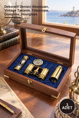 Yenilig 3 Adet Ahşap Kutulu Pirinç Dürbün Pusula Ve Kumsaati Seti – Dekoratif Denizci Aksesuarı, Vintage Tasarım, Telescope, Compass, Hourglass