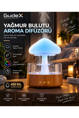 GudeX Yağmur Bulutu Aroma Difüzörü Hava Nemlendirici 7 Renk LED Işıklı Buhar Makinesi 450 ML