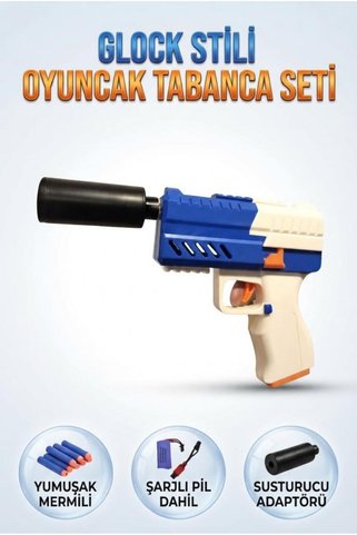 Tıfıl Toys Şarjlı Tam Otomatik Atış Sistemli Susturuculu Mavi Glock D2 Köpük Mermili Oyuncak Atıcı