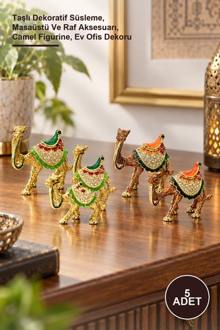 Yenilig 5 Adet Deve Figür Seti – Taşlı Dekoratif Süsleme, Masaüstü Ve Raf Aksesuarı, Camel Figurine, Ev Ofis Dekoru