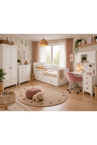 Koza %100 MDF Panjur Beyaz 2 Kapılı Dolap & Şifonyer & Çalışma Masası & 90x190 cm Yavrulu Kapitone Karyola