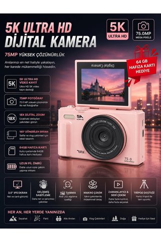 AKILLI 5K 75MP HD Dijital Kamera 18X Dijital Zoom, Flaşlı,3.0 inç Ekranlı Vlog ve Fotoğraf Makinesi