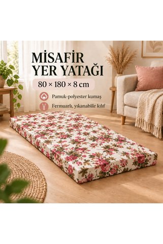 Tek Parça Sünger Yatak 8 CM, Yer Yatağı, Balkon Yer Minderi,Şantiye,Karavan,Deprem Yatağı-80x180x8 CM-İNGİLİZ GÜLÜ