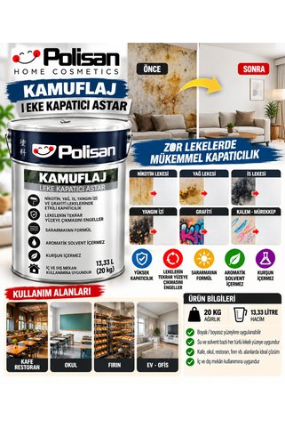 Polisan Leke Kapatıcı Astar Kafe Tüm Kirleri Kapatır Yağ İs Nikotin Lekesi Okul Restoran Konut 20 KG ( 13.33 LİTRE ) Beyaz