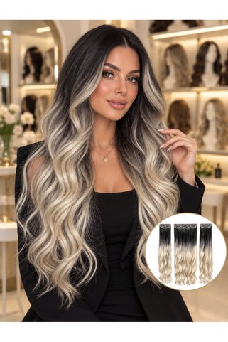 Makromehome Made With Love Siyah Dip Sarı Ombre Dalgalı Çıtçıtlı Saç Uzatma Seti, 3 Parça Klipsli Takma Saç Postiş
