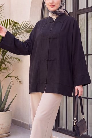Modamorfo Biye Düğmeli V Yaka Organze Vual Oversize Kimono -siyah
