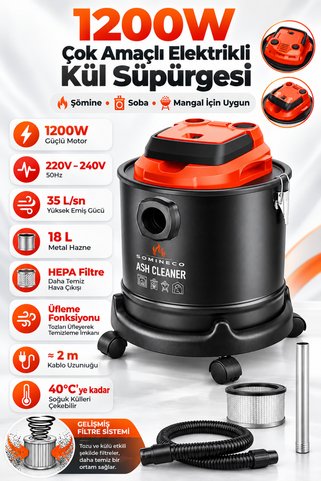 SOMINECO 1200W Çok Amaçlı Elektrikli Kül Süpürgesi 18 L Metal Hazne–Şömine & Soba & Mangal