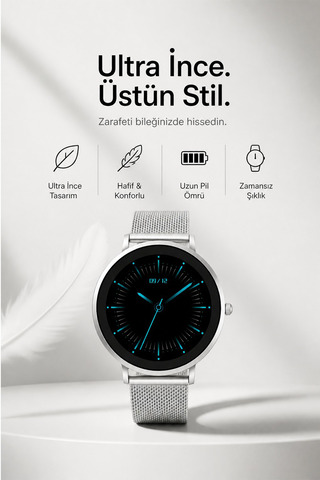 Laleli 43mm İnce Şık Akıllı Saat Uzun Şarj Süresi. Tansiyon Ölçme Nabız Ölçme Gümüş Kasa Gümüş Çelik Hasır Kordon