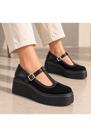 Folle Siyah Süet Kadın T Bantlı Mary Jane Ayakkabı Tokalı 6,5 cm Flatform Kalın Taban
