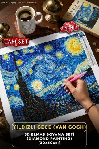 Ferinja Yıldızlı Gece (Van Gogh) - 5D Elmas Boyama Seti Hobi Kiti - Diamond Painting - Mozaik Goblen Boncuk Taşlı Puzzle Pano Tablo 30x30 cm