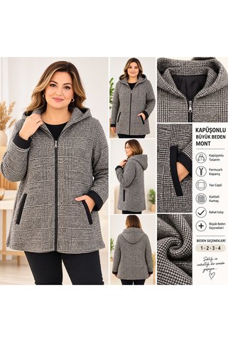 MARKAOUTLET1016 Kapüşonlu ekoseli büyük beden mont