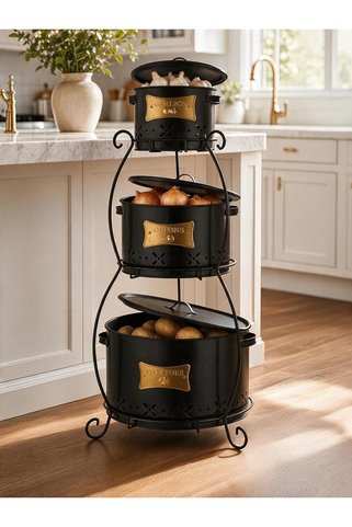 Bestofhome Üç Katlı Patates, Soğan Ve Sarımsak Saklama Seti.siyah