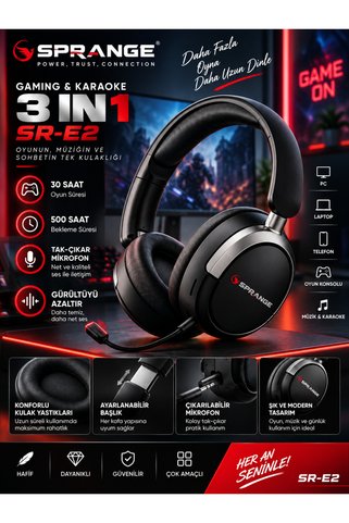 SPRANGE Bluetooth 6.0 Aktif Gürültü Engellemeli Kablosuz Kulaklık Çıkarılabilir Mikrofonlu - SD Kart Destekli SR-E2