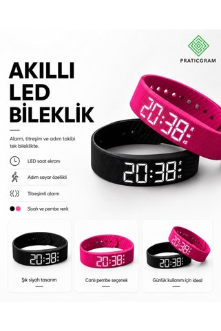 Praticgram Alarm ve Adım Sayarlı Titreşimli Akıllı LED Bileklik
