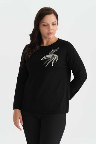 Selen Büyük Beden Yanı Taşlı Raglan Kol Triko Bluz / SİYAH