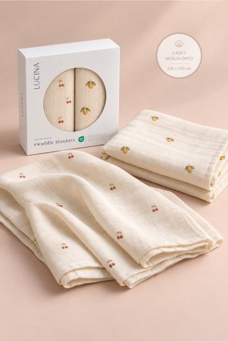Lucina Kids Müslin Örtü 2'li Set 100X100 cm OEKO-TEX Sertifikalı %100 Pamuk Kiraz ve Limon Desenli