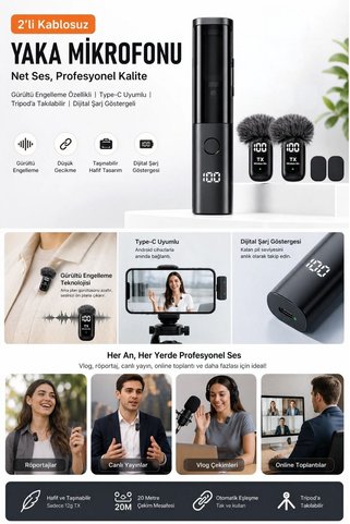 Buffer ®2'li Kablosuz Yaka Mikrofonu, Type-C Uyumlu, Gürültü Engelleme Özellikli ve Tripod'a Takılabi