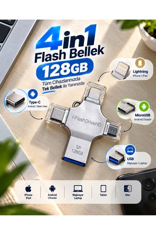 ASTRALTECH 128GB Taşınabilir 4in1 Flash Bellek iPhone iPad Android Tablet Mac Bilgisayar Uyumlu