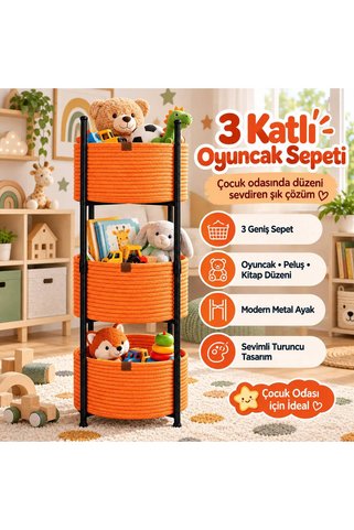 ELF CONSEPT 3 Katlı Oyuncak Sepeti Çocuk Odası Oyuncak Düzenleyici Organizer Metal Ayaklı Tress İp Saklama Sepeti