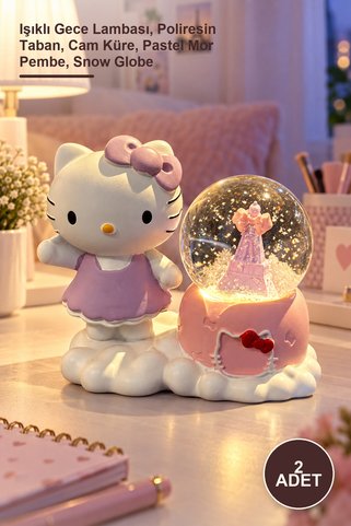 Yenilig 2 Adet Hello Kitty Işıklı Paris Temalı Kar Küresi Ve Dekoratif Biblo – Işıklı Gece Lambası, Poliresin Taban, Cam Küre, Pastel Mor Pembe, Snow Globe
