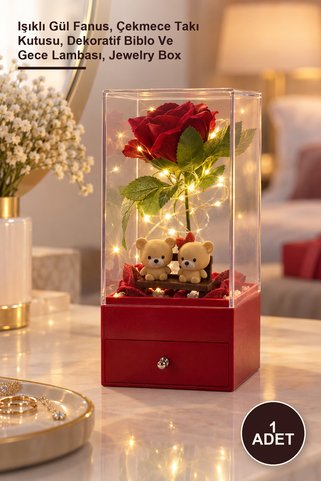 Yenilig 1 Adet Çekmeceli Takı Kutulu Işıklı Gül Seti – Işıklı Gül Fanus, Çekmece Takı Kutusu, Dekoratif Biblo Ve Gece Lambası, Jewelry Box