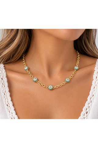 XUPING JEWELRY AYEMTOSHİNE 14K altın kaplama zirkon taşlı 5'li nazar boncuklu kuyumcu model kolye