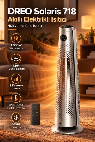 DREO Solaris 718 Akıllı Elektrikli Isıtıcı 1500W – 5 Isıtma + 3 Fan Modu, 120° Salınım, Dijital Termostat, Sıcak-Soğuk Kullanım