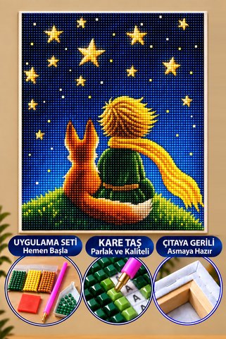 HONDEP 5D Elmas Boyama Çıtaya Gerili Hobi Seti 40x50cm Küçük Prens Full Drill Mozaik Tablo Asma Aparatlı