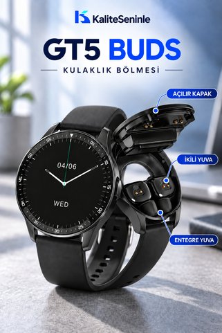 KALİTESENİNLE Bluetooth Kulaklıklı 2si 1 Arada Deri Kordonlu Amoled Ekran Watch Buds Akıllı Saat