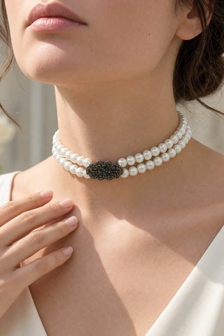 FAYRA ACCESSORIES İnci Choker Tasma Kolye Zirkon Taşlı Otantik Tasarım