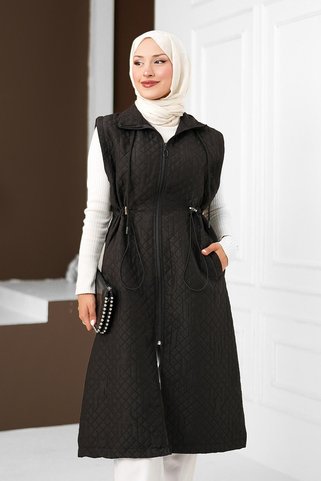İmajButik Siyah Bel Lastikli Fermuarlı Uzun Kapitone Yelek
