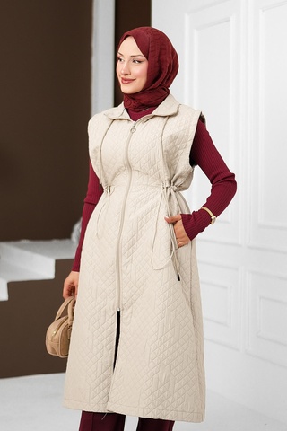 İmajButik Taş Bel Lastikli Fermuarlı Uzun Kapitone Yelek