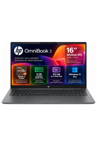 HP OmniBook 3 AMD Ryzen 5 7520U 8GB 512GB SSD Windows 11 pro 16" Taşınabilir Bilgisayar DY0G7EA0172
