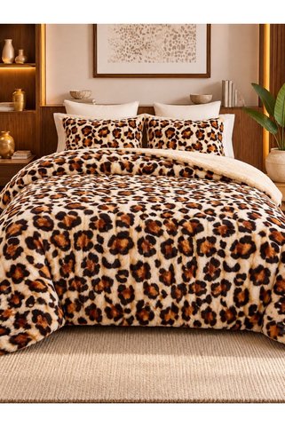 YÜNTEKS Diamond Özel Kürk Comforter Leopar Desenli Çift Kişilik Peluş Yorgan Seti