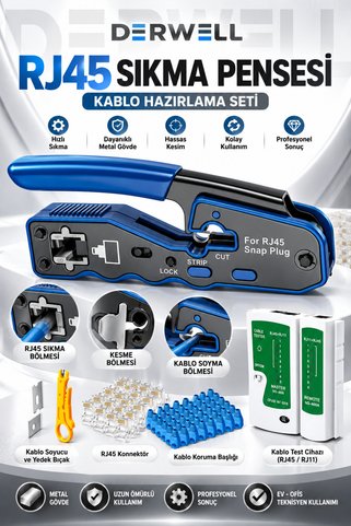 Derwell Yeni Nesil Pense Cat7/Cat6 8P8C + 100 Adet Delikli Jak + Test Cihazı + 100 Adet Cover + Kablo Soyucu