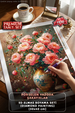 Ferinja Porselen Vazoda Şakayıklar - 5D Elmas Boyama Seti Hobi Kiti - Diamond Painting - Mozaik Goblen Boncuk Taşlı Puzzle Pano Tablo 30x40 cm