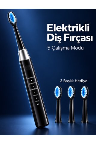 Skygo 3 Yedek Başlık Hediyeli USB Şarjlı Siyah Elektrikli Diş Fırçası