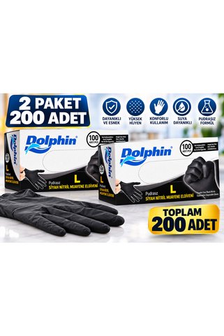 Dolphin Pudrasız Siyah Nitril Muayene Temizlik Eldiveni Tek Kullanımlık L Beden