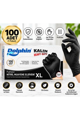 Dolphin Ekstra Kalın Pudrasız Extra Kalın Siyah Nitril Muayene Temizlik Eldiveni Tek Kullanımlık XL Beden