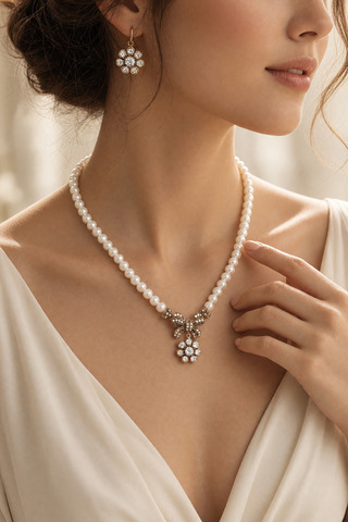 FAYRA ACCESSORIES Papatya Sallantılı Fiyonk Figür İnci Kolye ve Küpe Seti