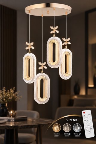 İstanbul Avize Alfa Led 4'lü Gold Kumandalı 3 Renk Ledli Modern Led Avize