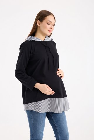 Entarim Hamile Kapüşonlu Sweatshirt Etek Ucu Çizgi Detaylı