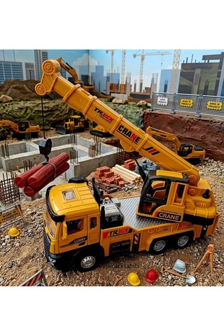 OYUNCAKSAHİLİ Metal Vinç Kancalı Sarılır Makaralı Kırılmaz Collection Plus Odunlu inşaat Model iş Makinası Kapıları Açılır Işık Ses Efektli 1 Set