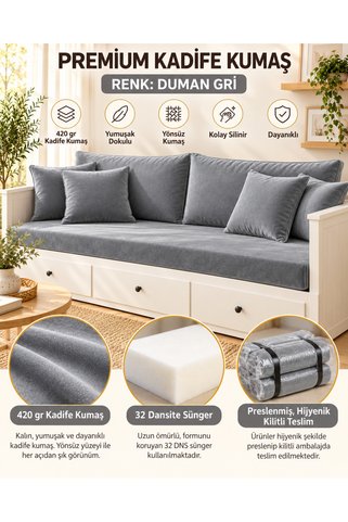 Minderra Duman Gri Kadife Kumaş Divan Seti - İ KEA Hemnes, Brimnes, Flekke, Divan Uyumlu 20Cm 2 Parça 32Dns Süngerli Set | 80x200x10 - 2Adet