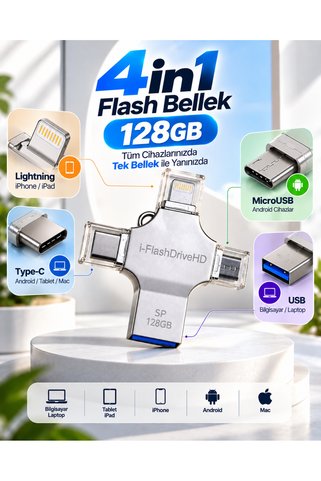 Global 4in1 128GB USB Flash Bellek Lightning Type-C USB-A MicroUSB Girişli Çok Amaçlı Bellek