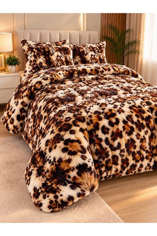 YÜNTEKS ÖZEL Diamond Kürk Comfort Leopar Desenli Çift Kişilik Peluş Yorgan Seti