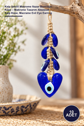 Yenilig 10 Adet Kalp Şekilli Makrome Nazar Boncuğu Küpe – Makrome Tasarım Aksesuar, Kalp Küpe, Macrame Evil Eye Earring